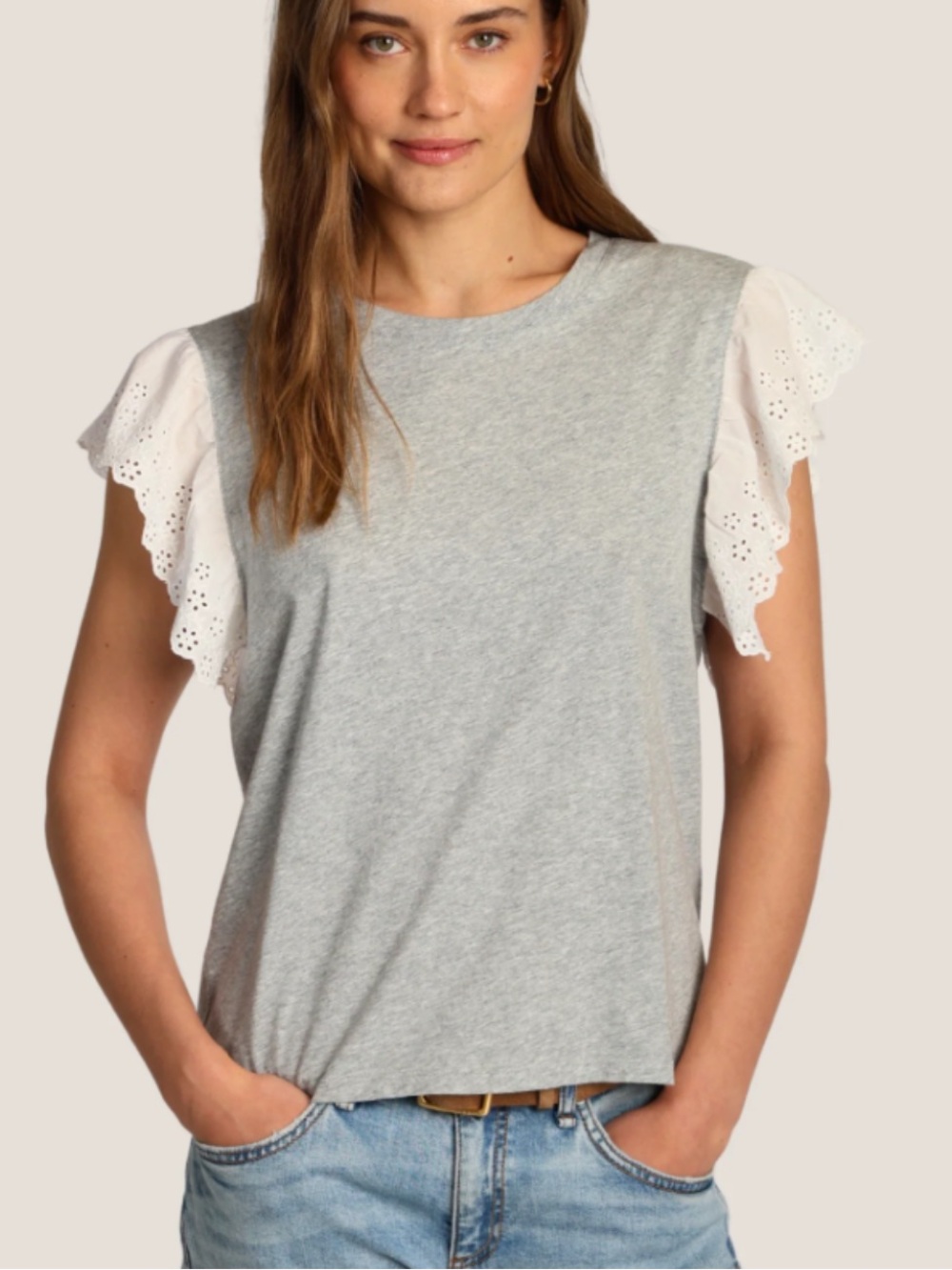 Dylan Presley Tee Grey Eyelet Flutter Sleeve Top -  Women 100% cotton XS